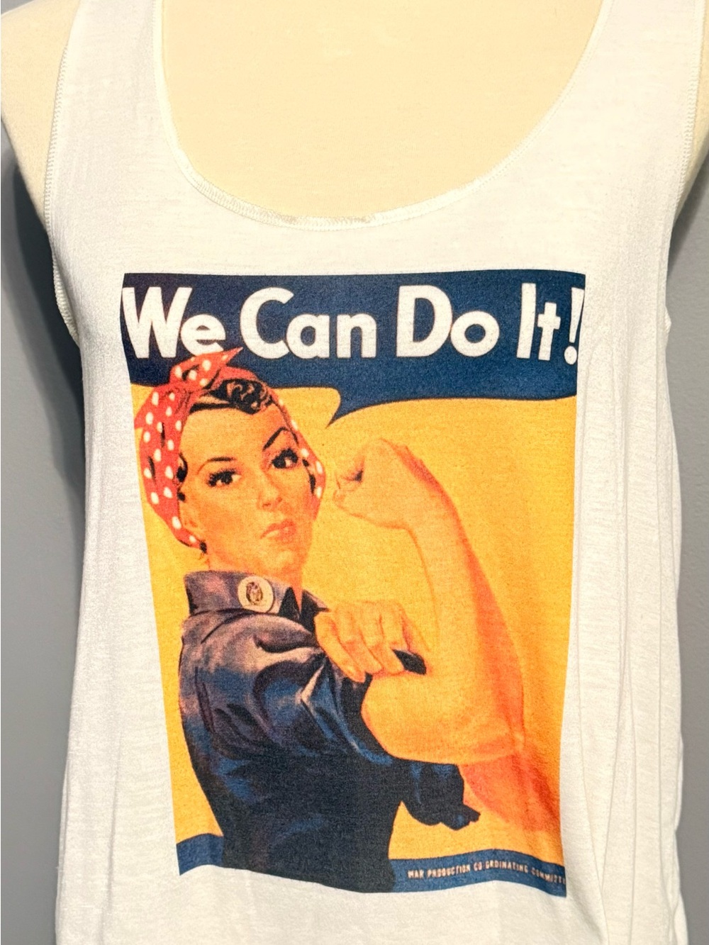 Fashionomics White Tank Top with Yellow & Blue 'We Can Do It!' Graphic